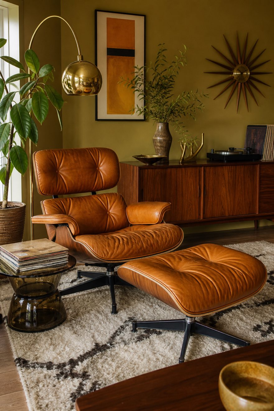 Cognac leather Eames-style lounge chair and ottoman in walnut, with a brass arc lamp and a smoked-glass side table.