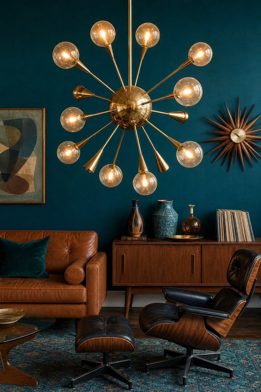 Brass sputnik atomic pendant glowing against a deep petrol-teal wall above a walnut credenza.