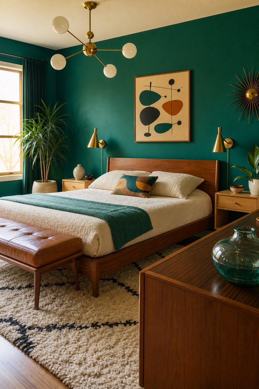 Teal color-drenched mid-century bedroom with a low walnut platform bed, a cognac bench and brass cone sconces.