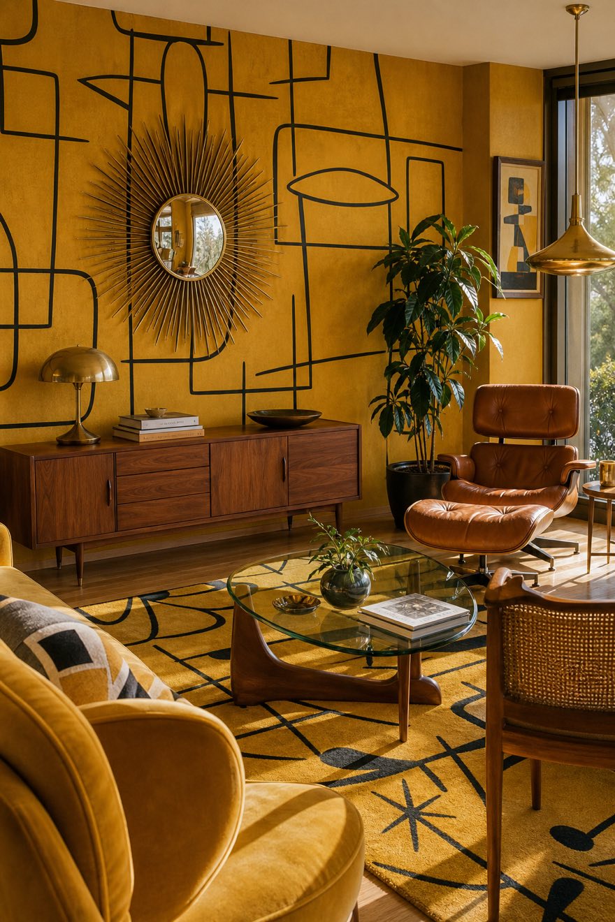 Mustard mid-century seating area with a bold abstract-atomic geometric rug, a brass sunburst and a cognac leather seat.