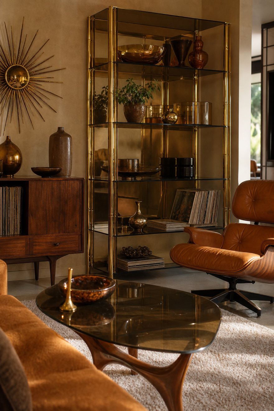 Brass and smoked-glass bar cart and etagere with cut-glass decanters on a warm-tan wall, with walnut accents and records.