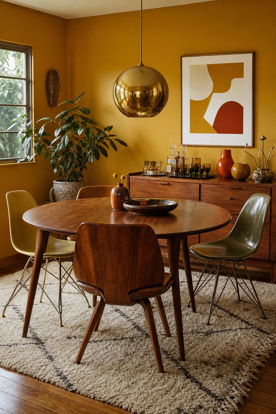 Mustard dining nook with a round walnut table, mixed molded shell chairs and a low brass globe pendant.