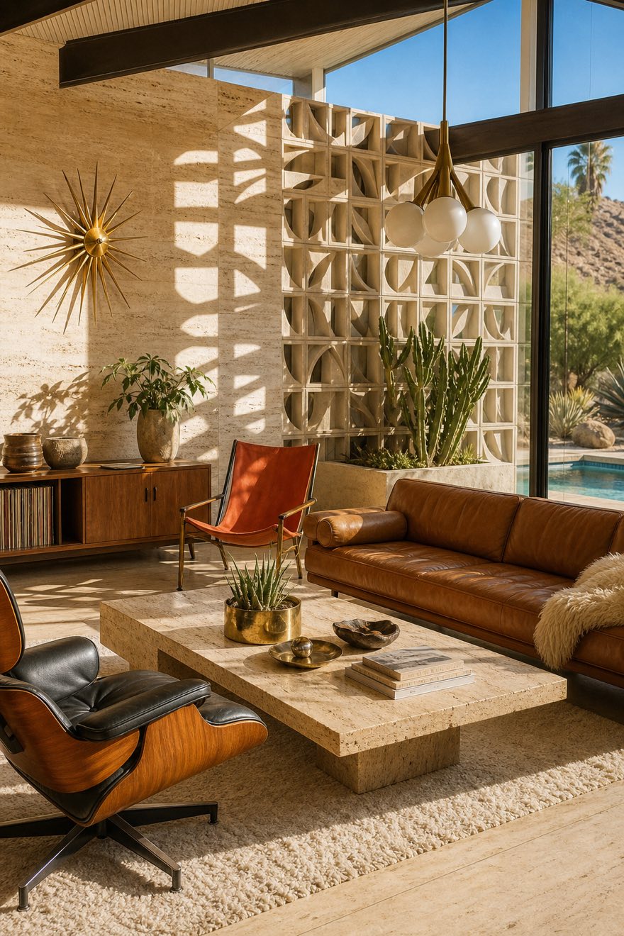 Palm Springs desert-modern living room with a breeze-block screen, travertine, a cognac sofa and a burnt-orange sling chair.
