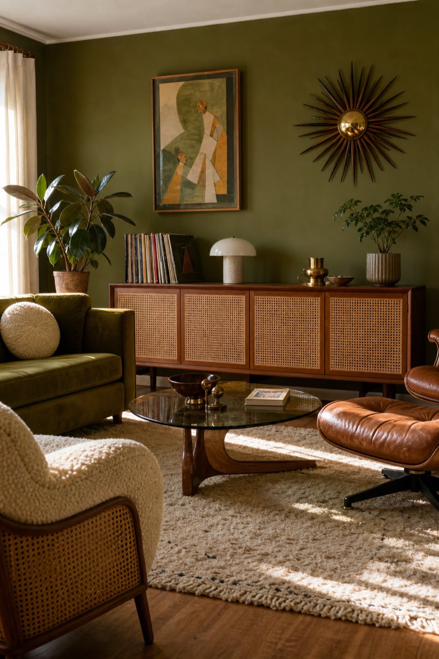 Olive-walled mid-century room layered with a cane-front credenza, a cream boucle chair and a cognac Eames lounge.