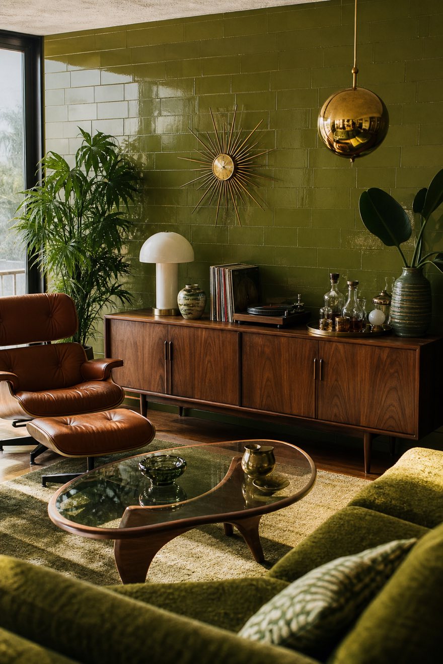 Avocado green color-drenched mid-century room with a glossy tiled wall, a walnut credenza and a brass globe pendant.