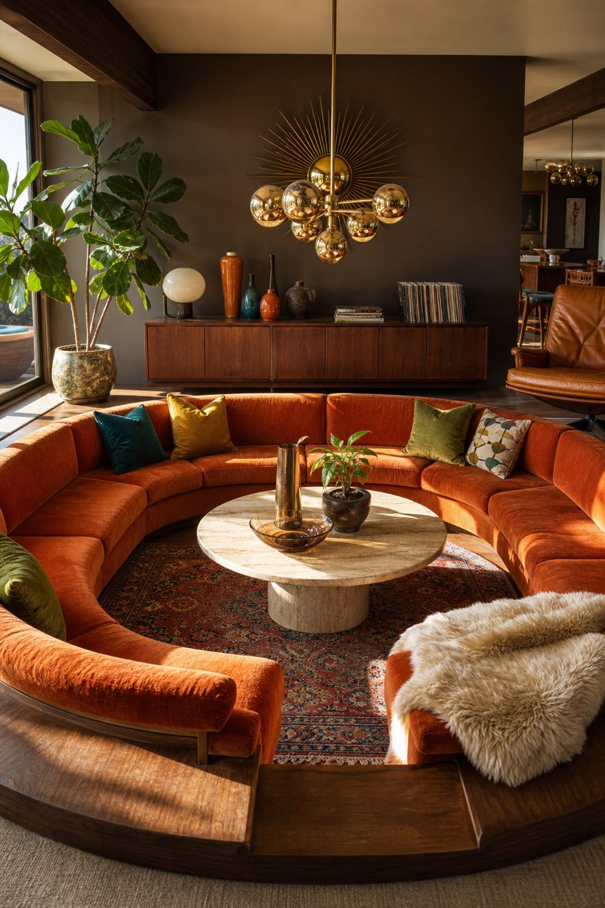 Burnt-orange velvet sunken conversation pit with a walnut surround, a travertine table and a brass globe pendant.
