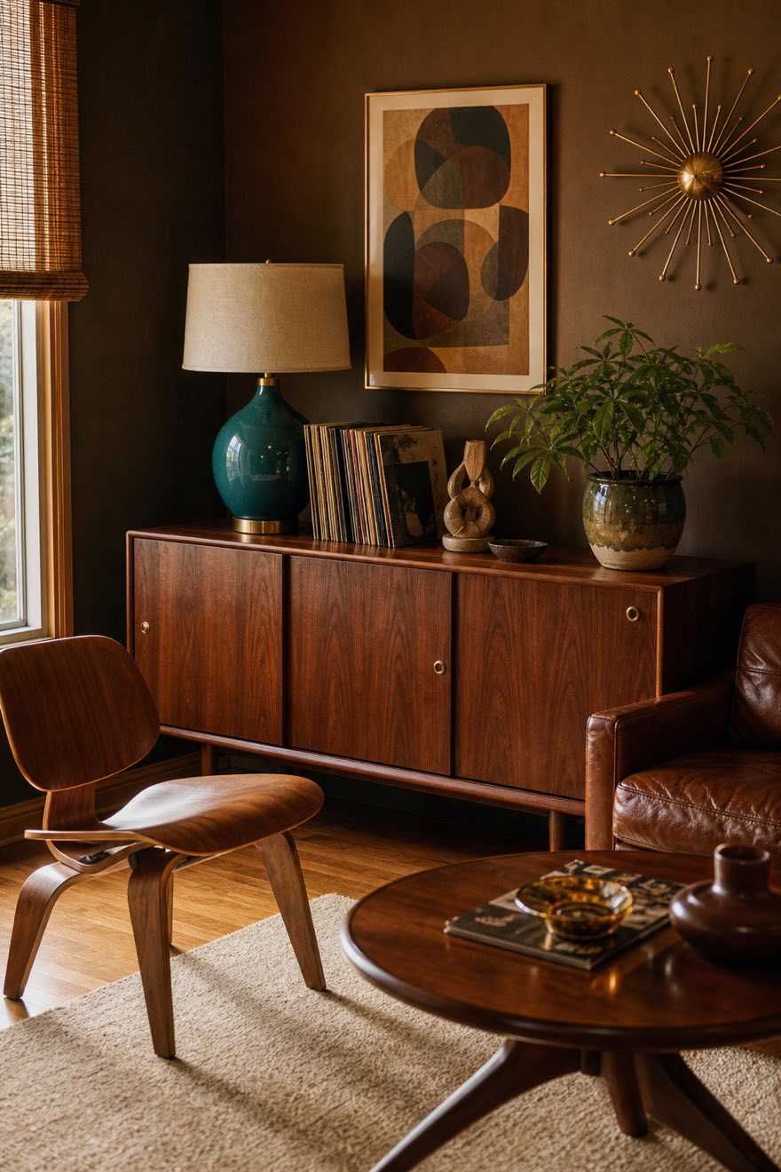 Small-space mid-century corner with a walnut credenza, an Eames-style chair, a brass sputnik and one teal lamp accent.