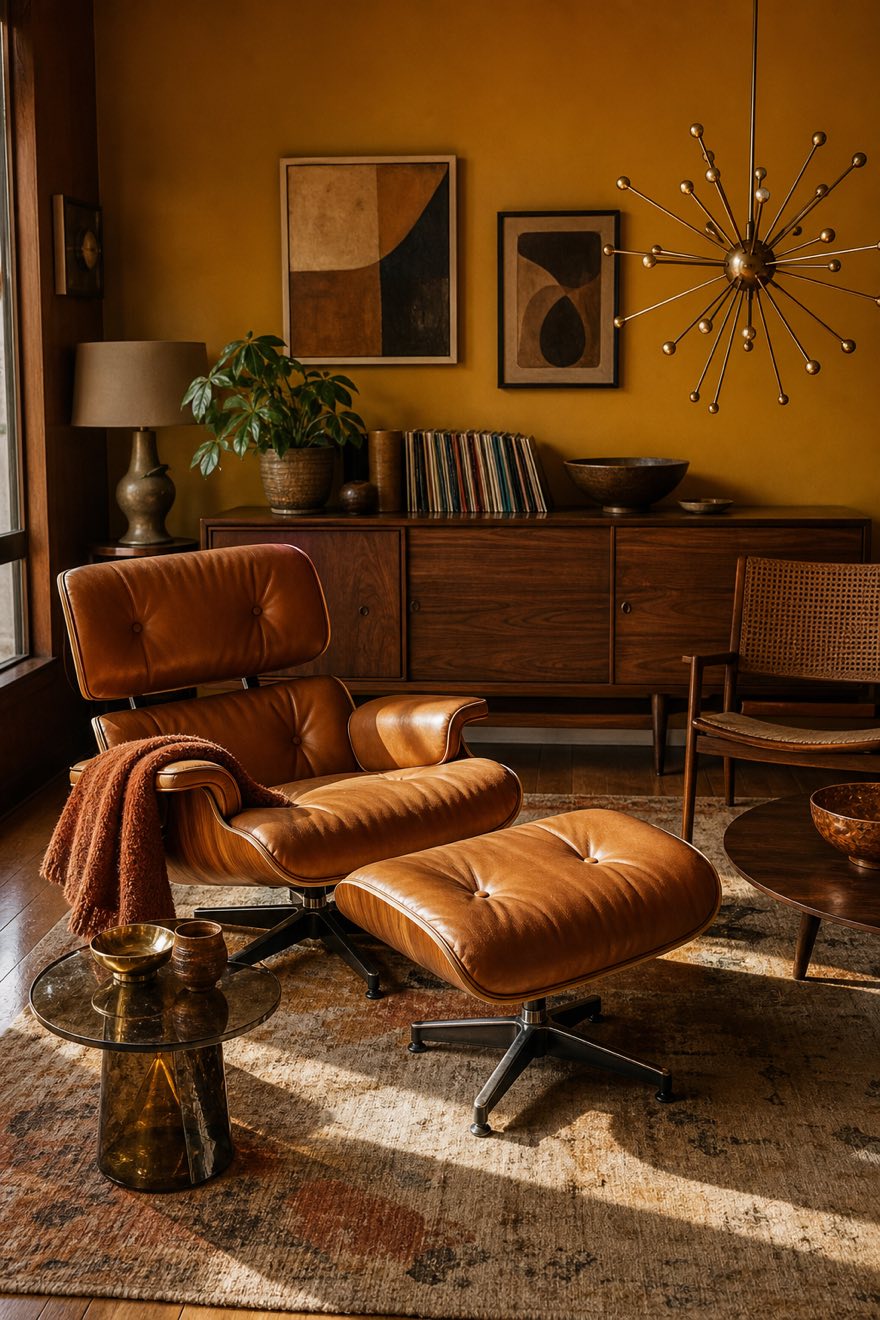 Lived-in mid-century living room with a mustard-gold wall and a worn cognac leather Eames-style lounge as the hero.