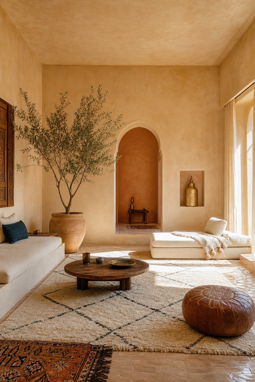 Warm modern Moroccan living room with hand-troweled tadelakt plaster walls in sand and terracotta — moroccan decor base