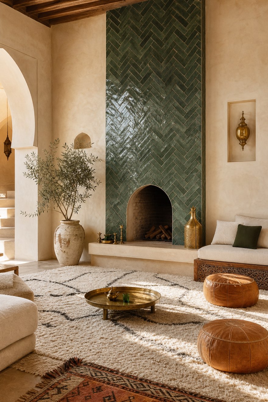 Handmade zellige tile fireplace surround catching light in a calm, restrained modern Moroccan room