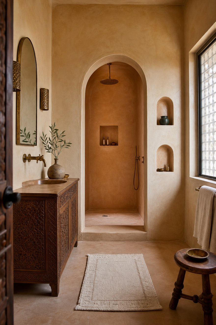 Modern Moroccan bathroom with seamless tadelakt walls and a hammered-brass tap — hammam calm, no grout