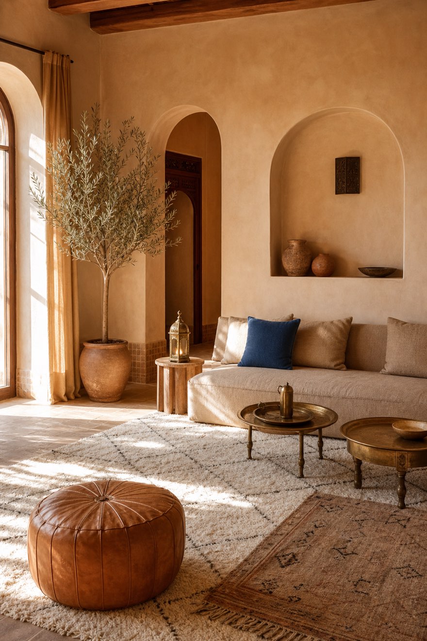 Warm earth-toned Moroccan room with a single muted Chefchaouen-blue cushion as the one jewel accent