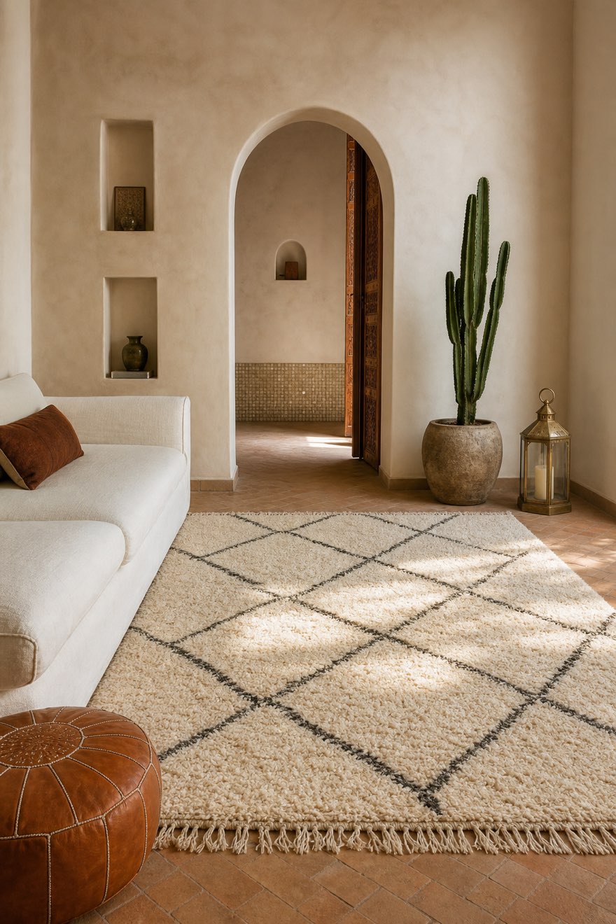 Cream Beni Ourain wool rug with charcoal diamonds anchoring a warm modern Moroccan living room