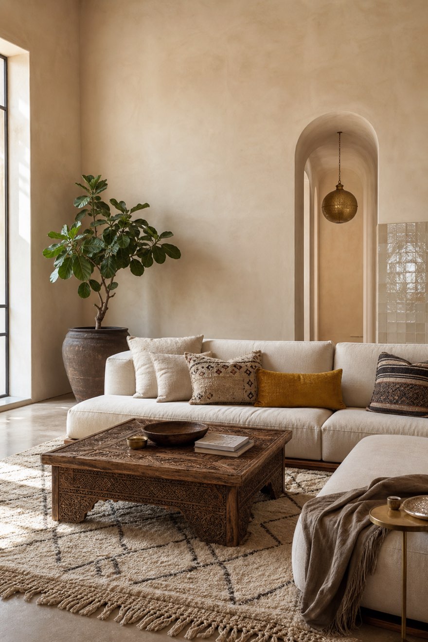 Modern Moroccan living room mixing one carved cedar table and a Berber rug into a clean contemporary space
