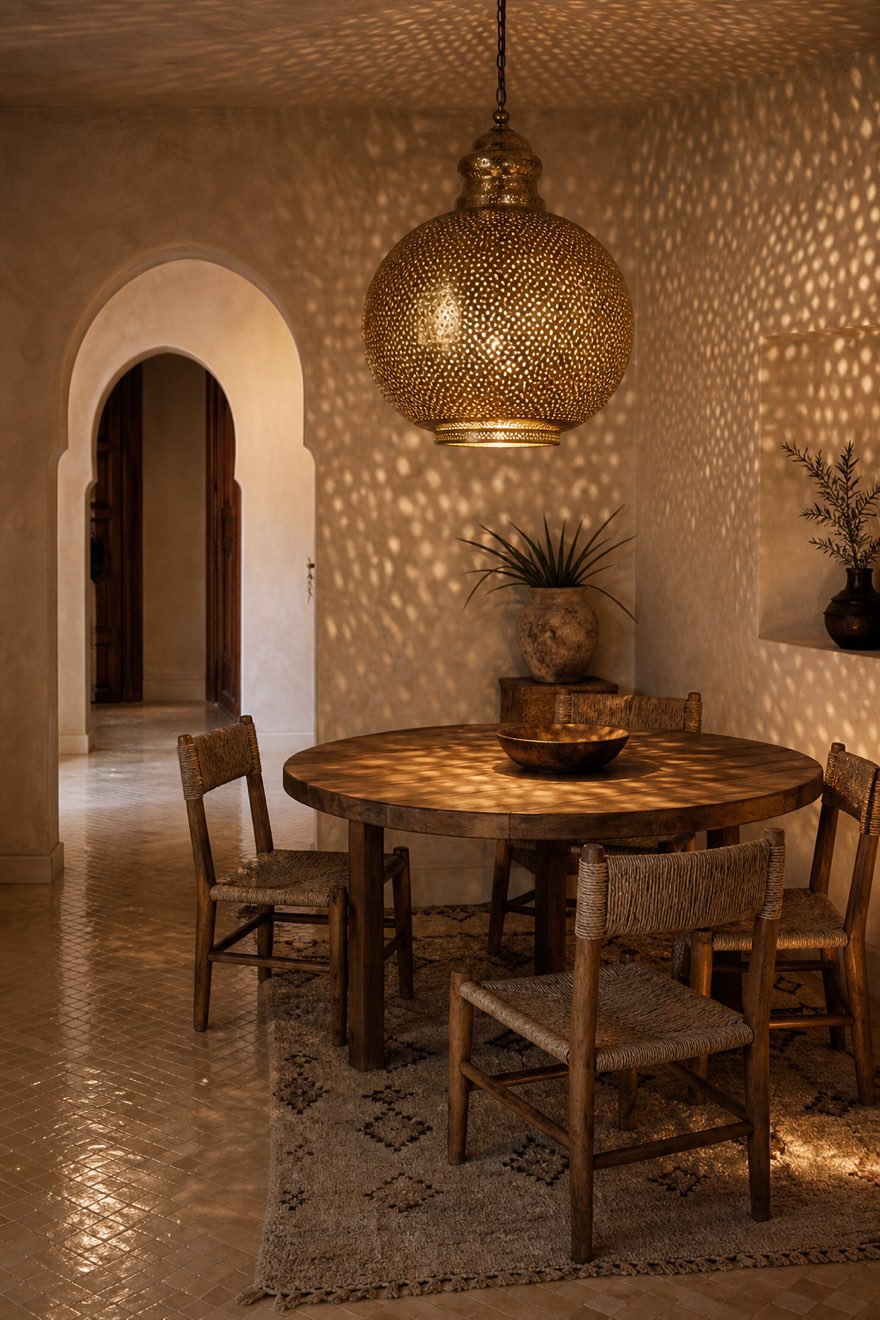 Pierced hammered-brass Moroccan lantern throwing lacework light across a warm plaster wall