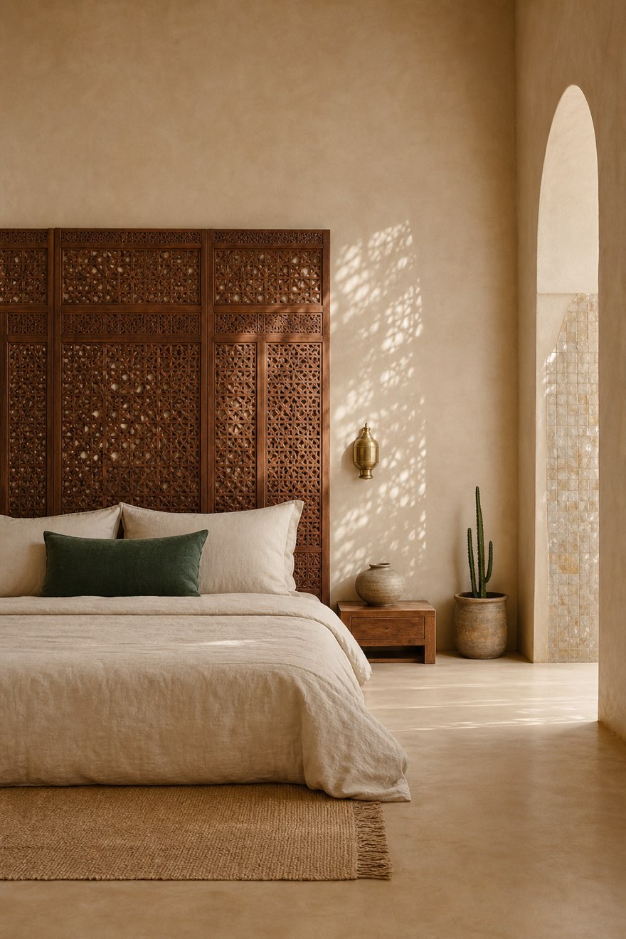 Carved cedar mashrabiya screen leaning as a warm sculptural accent in a modern Moroccan room
