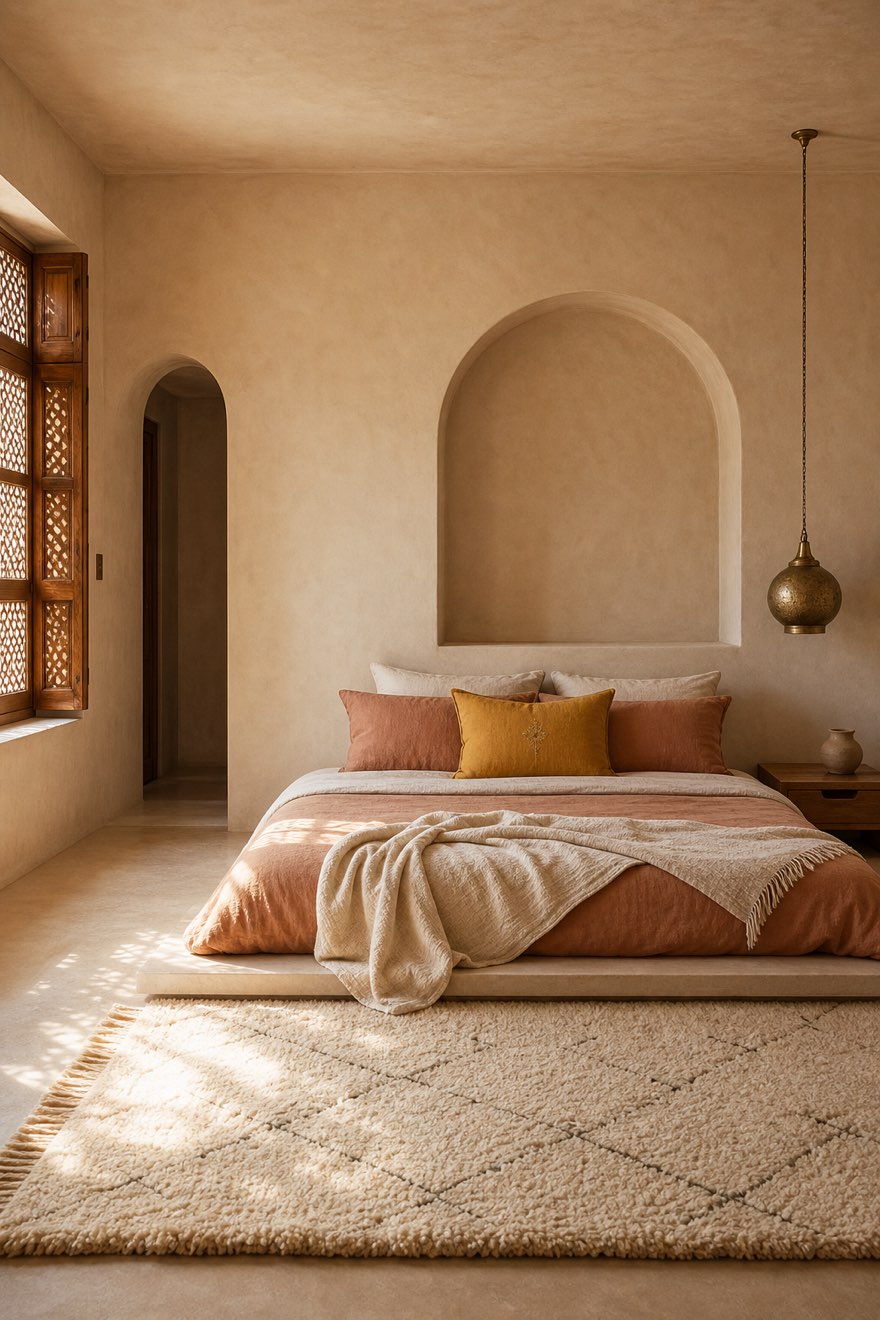 Low, layered modern Moroccan bedroom in washed sand and terracotta linen with a small brass pendant