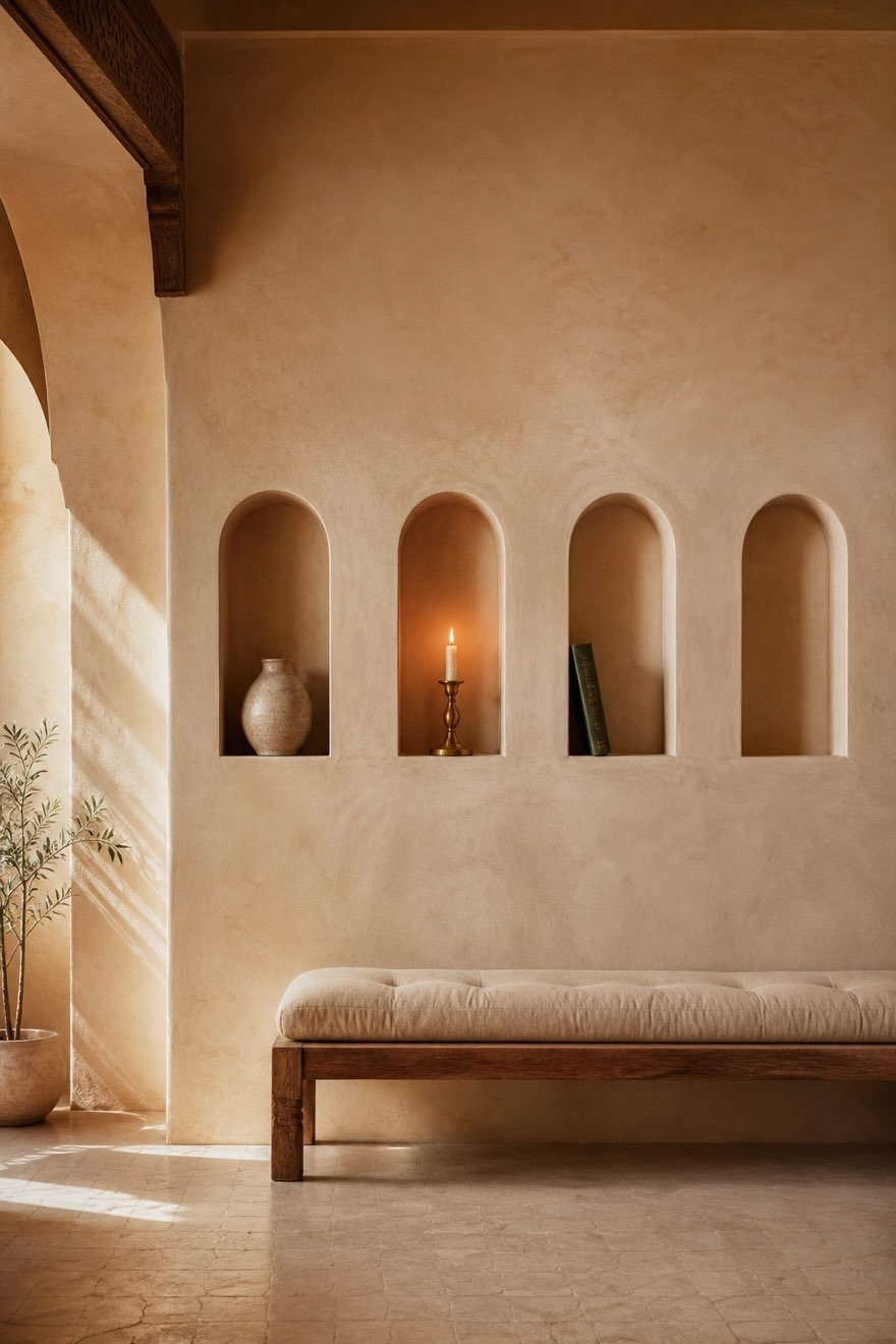 Arched plaster niches holding a single ceramic and a lit brass candle in a modern Moroccan wall