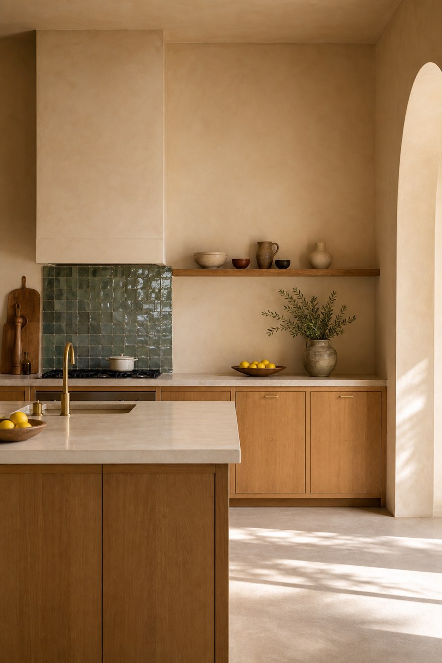 Modern Moroccan kitchen with warm honey-oak cabinets and one band of handmade zellige behind the range