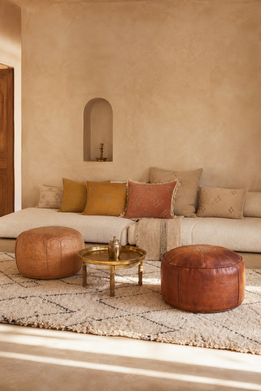 Tan leather pouffes and muted saffron sabra-silk cushions layered on a low Moroccan bench