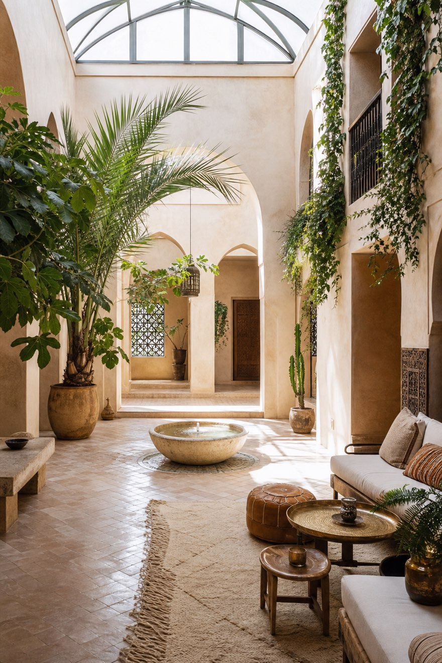 Indoor riad courtyard with a stone fountain, palms and arched colonnade bringing the outside in