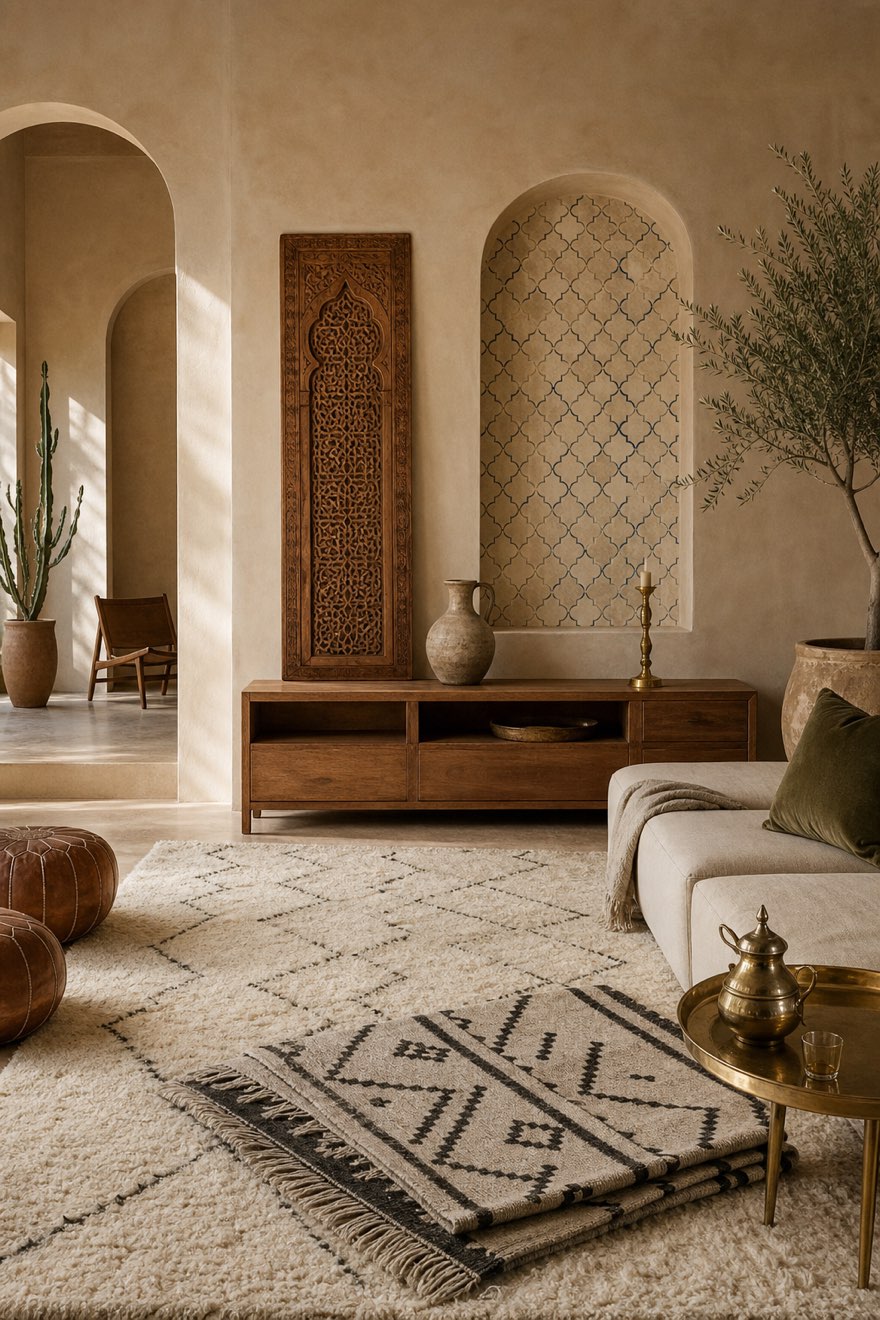 Carved cedar arabesque panel beside a geometric Berber flatweave — two Moroccan pattern traditions