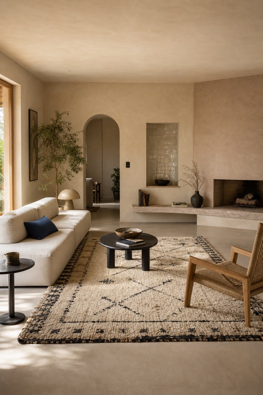 Clean modern living room with one vintage Berber rug as the single Moroccan statement piece