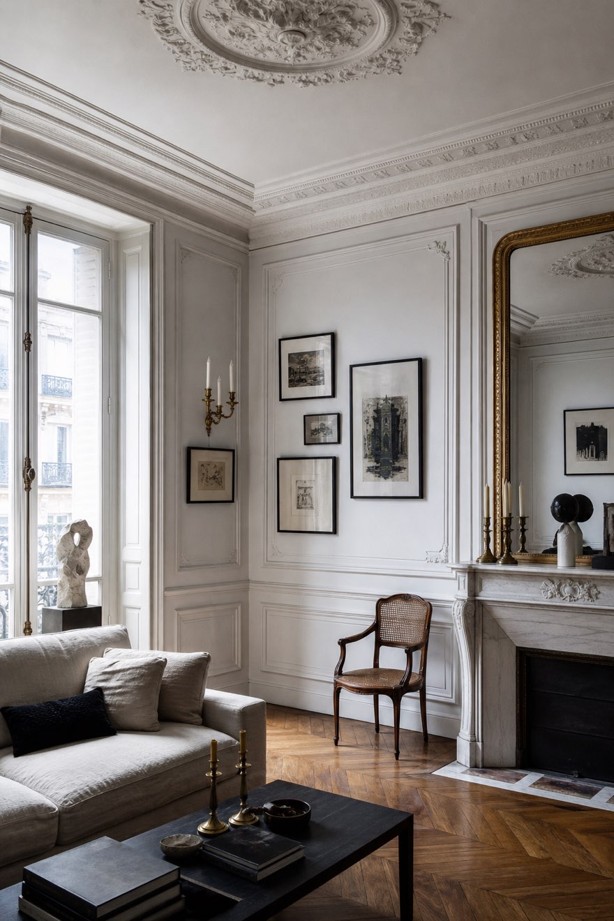 Parisian apartment decor: a living room with ornate boiserie, crown molding and herringbone parquet