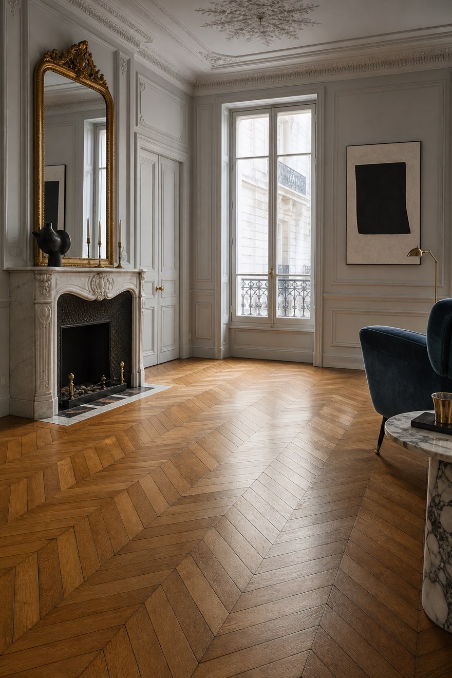 Warm herringbone chevron parquet floor against cool pearl-grey boiserie in a Parisian apartment living room