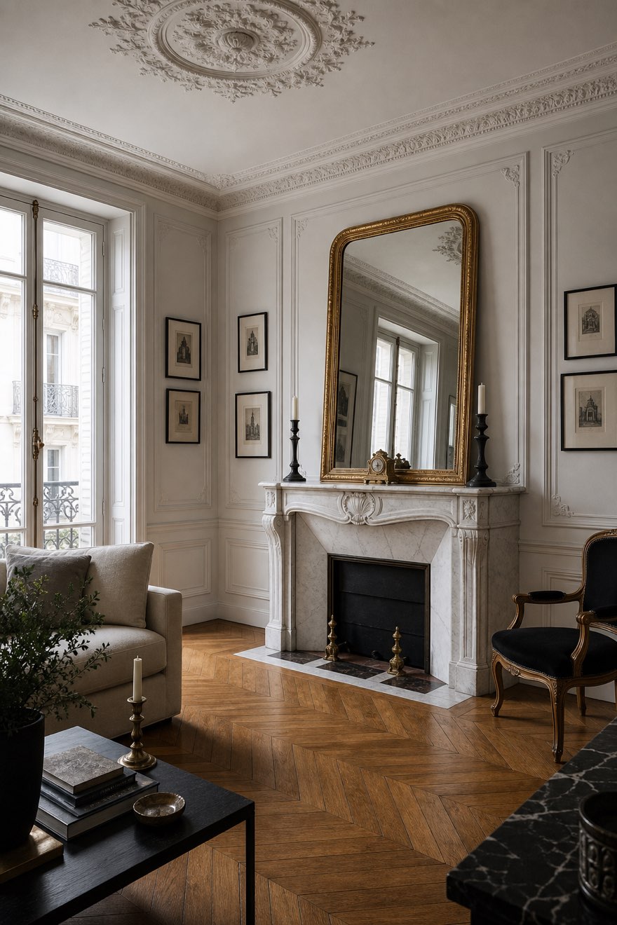 Marble fireplace mantel with a large leaning antique gilt mirror in a chic Parisian apartment living room