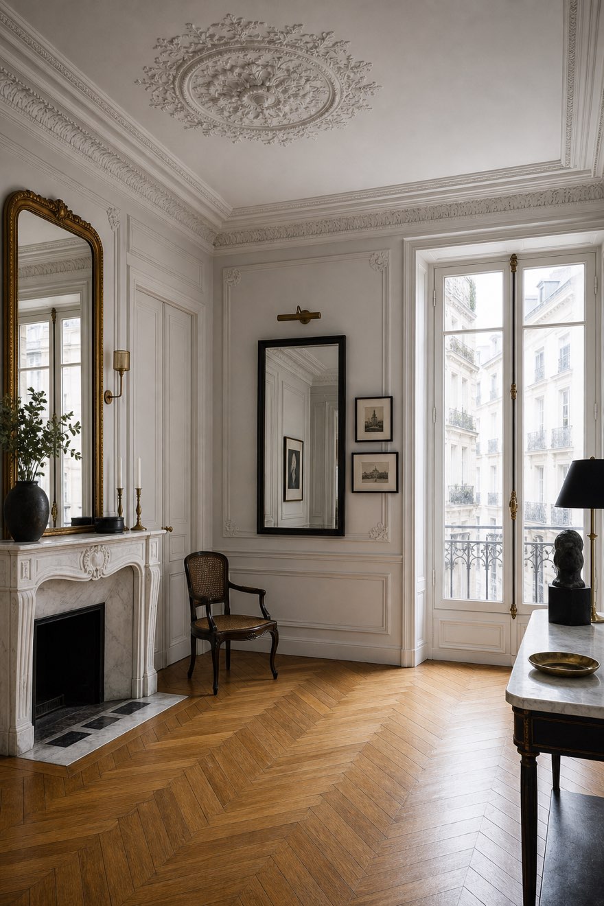 Cool dove-white boiserie walls and herringbone parquet in an architectural Parisian apartment interior