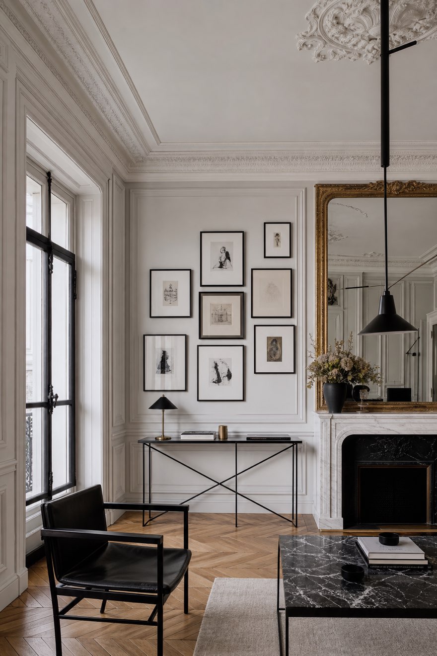 Black iron window, slim black frames and a black console used as graphic accents in a Parisian apartment