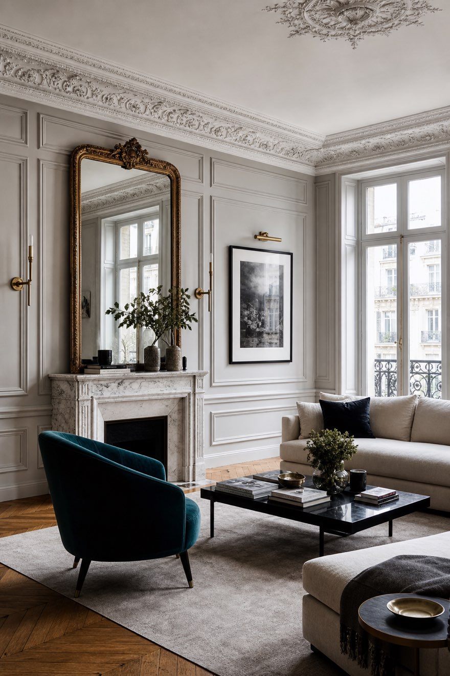 Edited Parisian living room: pearl-grey boiserie, herringbone, a gilt mirror and one teal velvet armchair