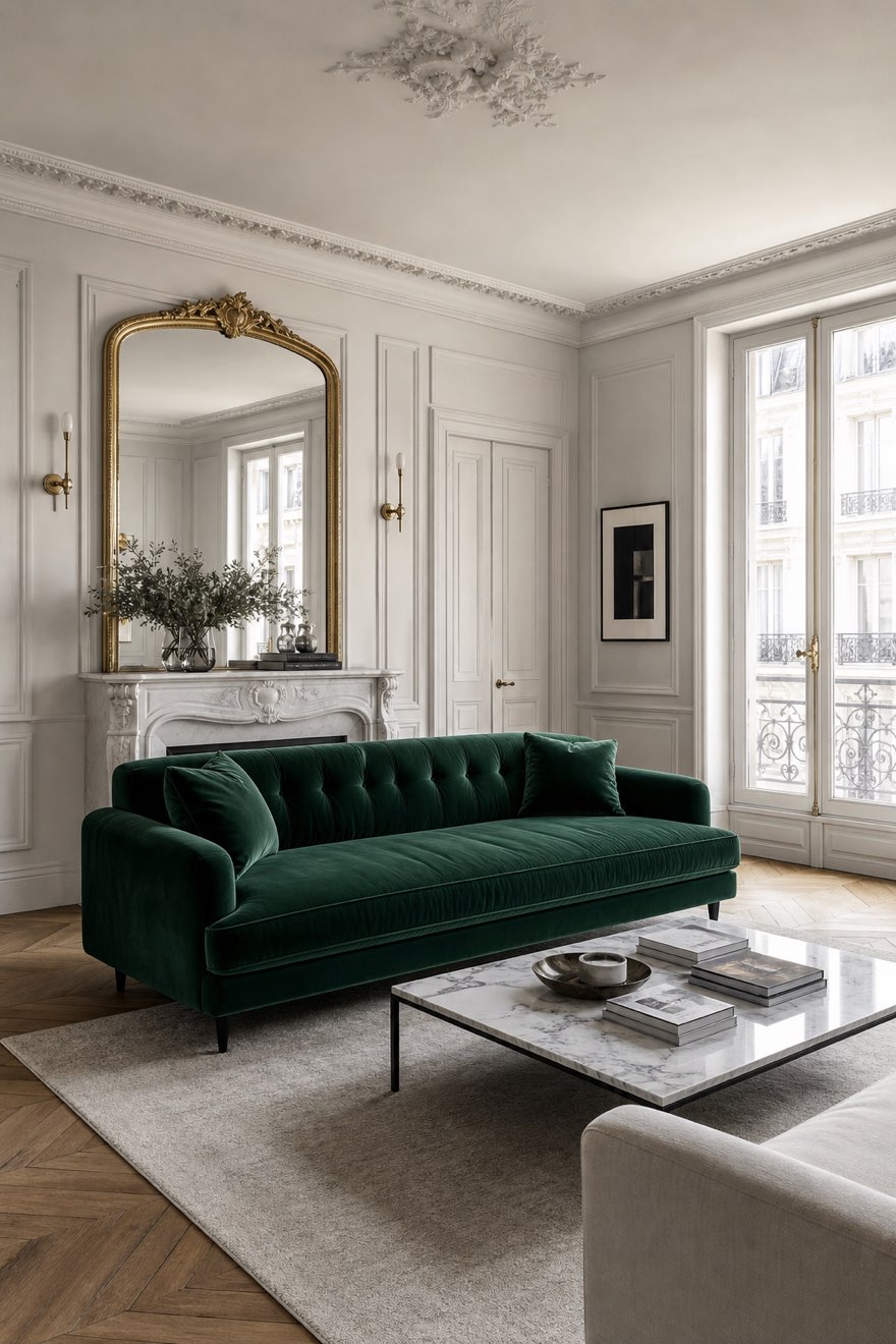 Emerald green velvet sofa as the jewel statement against cool boiserie in a Parisian apartment living room