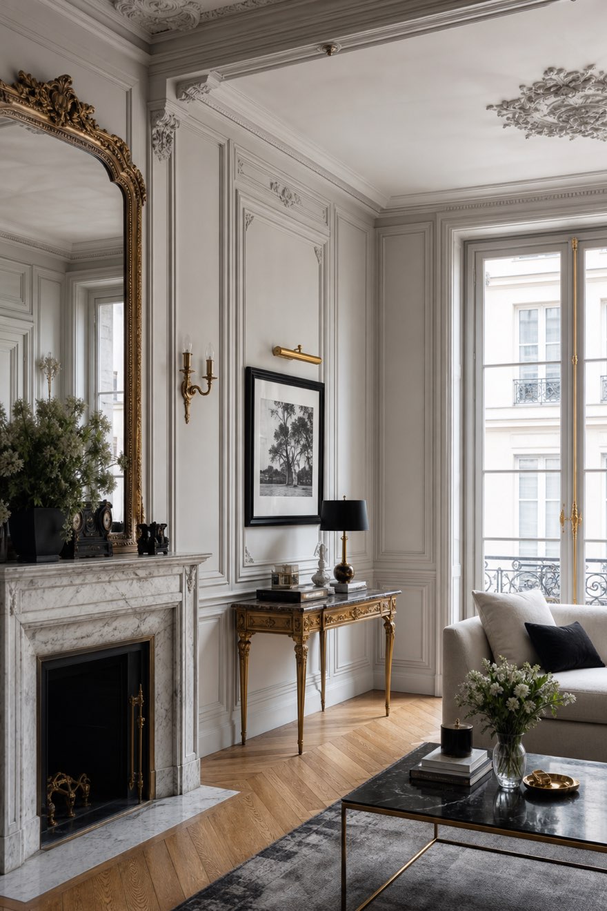 Gilt mirror, brass sconces and a gilt-marble console — warm metals against cool Parisian apartment boiserie
