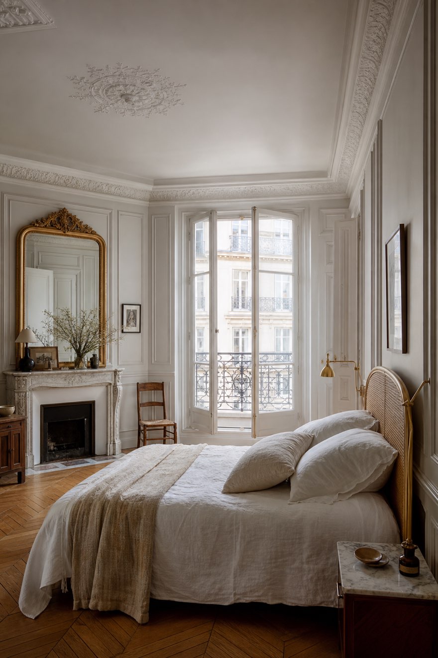 Cool Parisian apartment bedroom with a cane bed, white linen, tall cremone windows and herringbone parquet