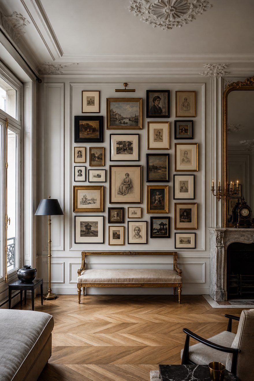 Dense salon-style gallery wall of small framed art in gilt and black frames in a Parisian apartment