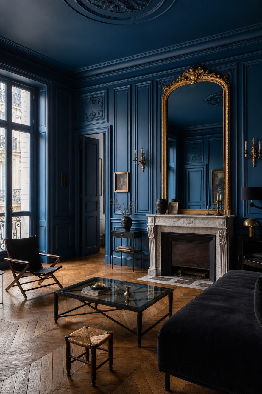 Deep Prussian-blue color-drenched boiserie with a gilt mirror in a bold Parisian apartment salon