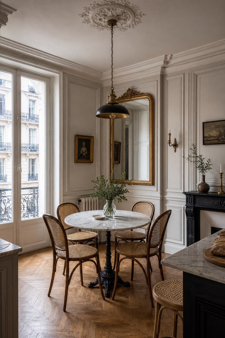 Cane Thonet bistro chairs and a round marble cafe table in a chic Parisian apartment dining nook