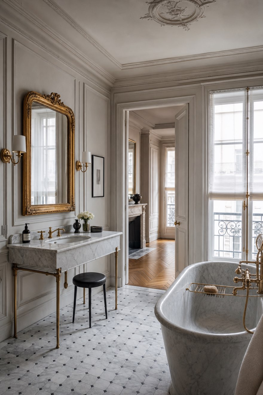Parisian apartment bathroom with a marble console sink, brass taps, a gilt mirror and a hex marble floor