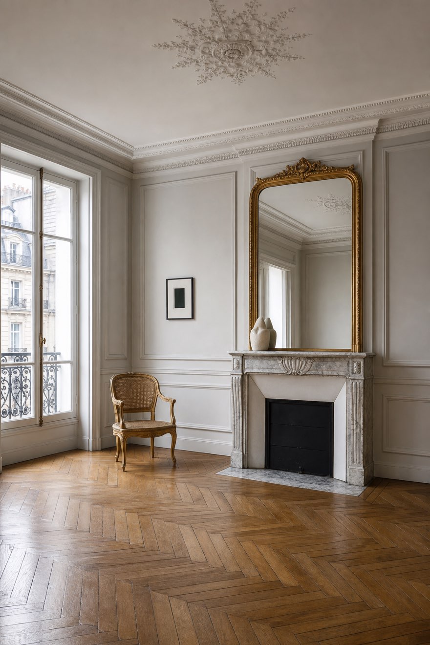 Pared-back edited Parisian apartment room with one antique chair, a gilt mirror and lots of negative space
