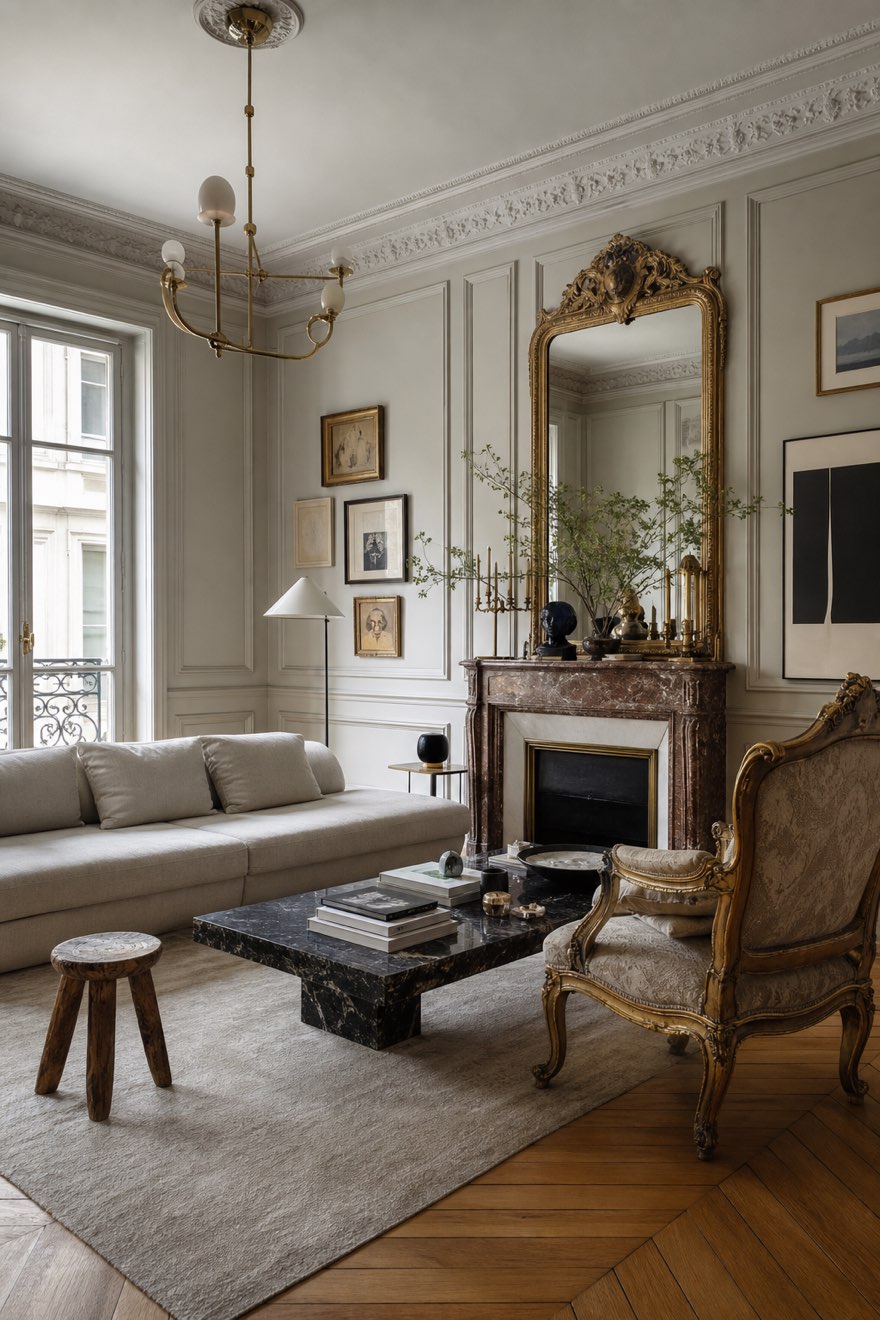Mix of eras in a Parisian salon: an antique gilt armchair beside a clean modern sofa, curated not matchy